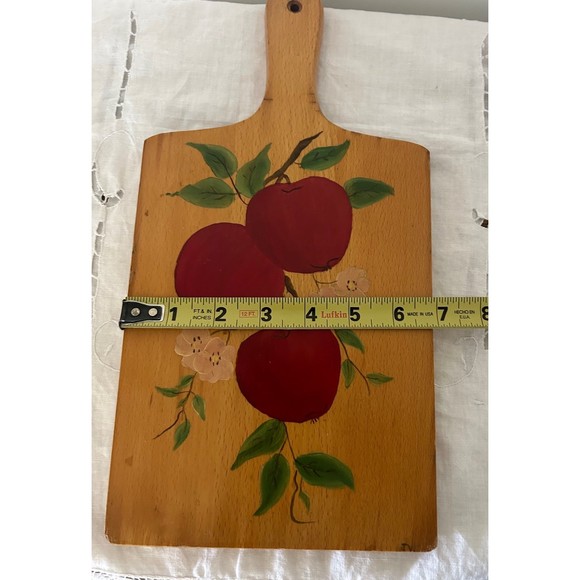 Vintage Wood Wall Hanging Cutting Board with Hand painted Apple design flowers - Picture 6 of 9